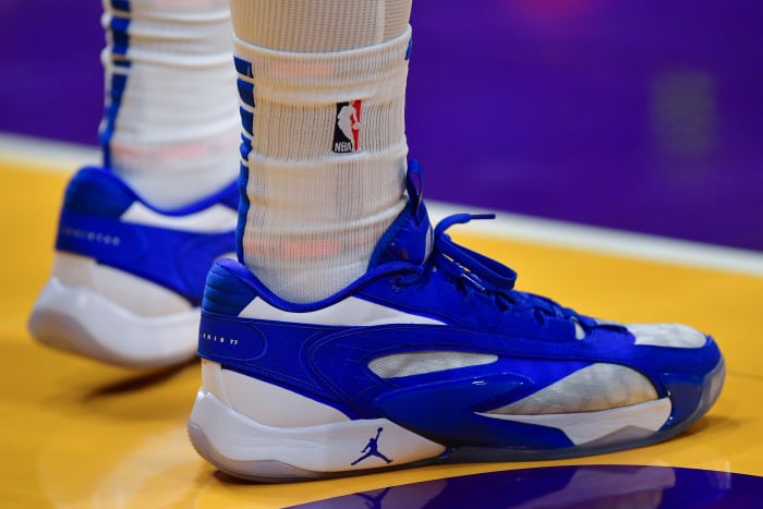Dallas Mavericks guard Luka Doncic's blue and white Jordan Brand sneakers.